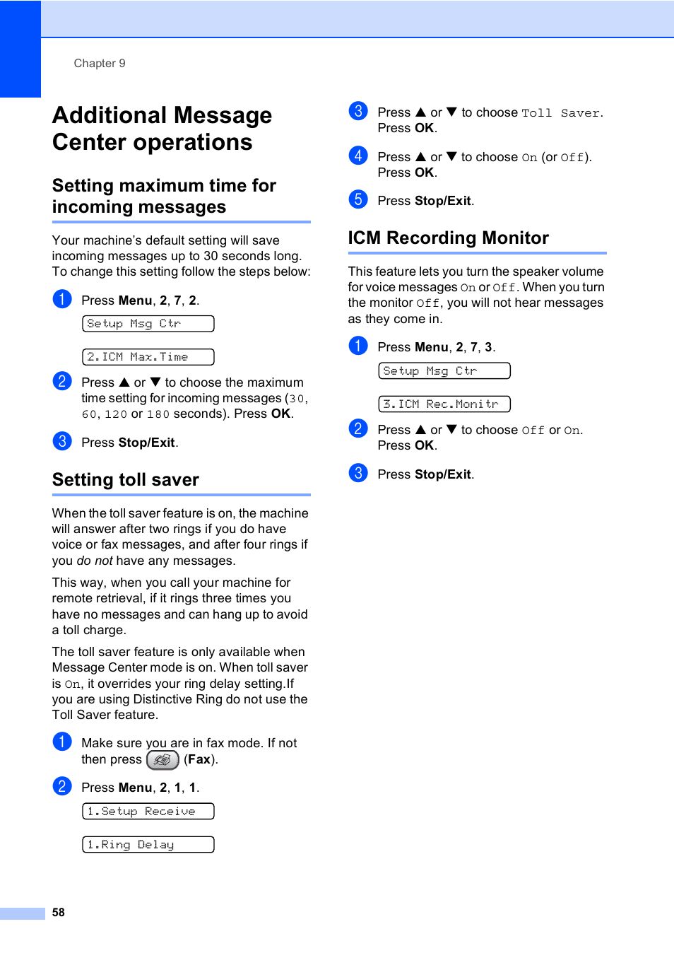 Additional message center operations, Setting maximum time for incoming messages, Setting toll saver | Icm recording monitor | Brother FAX-1960C User Manual | Page 74 / 156