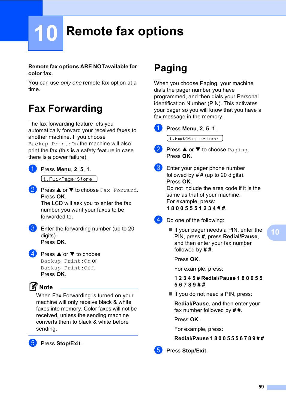 10 remote fax options, Fax forwarding, Paging | Remote fax options, Fax forwarding paging | Brother FAX-1960C User Manual | Page 75 / 156