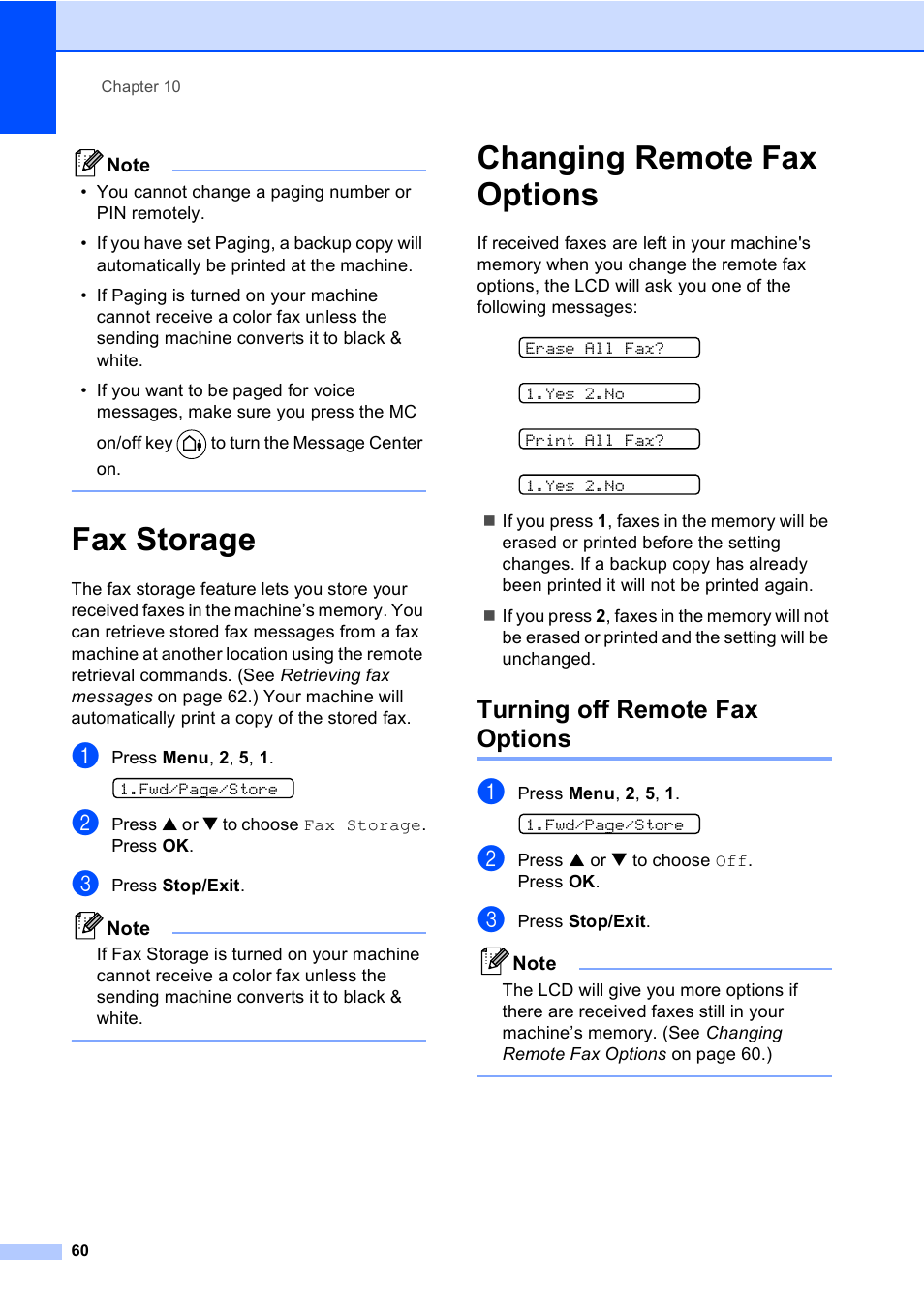 Fax storage, Changing remote fax options, Turning off remote fax options | Fax storage changing remote fax options | Brother FAX-1960C User Manual | Page 76 / 156