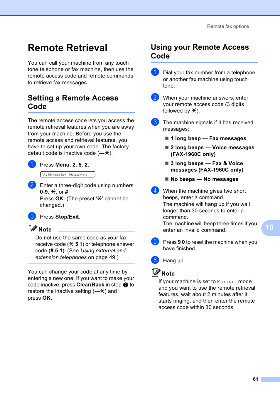 Remote retrieval, Setting a remote access code, Using your remote access code | Brother FAX-1960C User Manual | Page 77 / 156