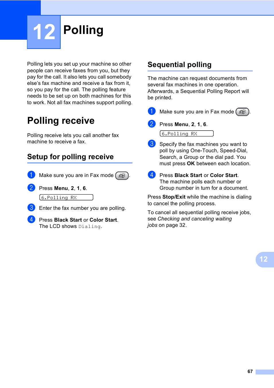 12 polling, Polling receive, Setup for polling receive | Sequential polling, Polling, Setup for polling receive sequential polling | Brother FAX-1960C User Manual | Page 83 / 156