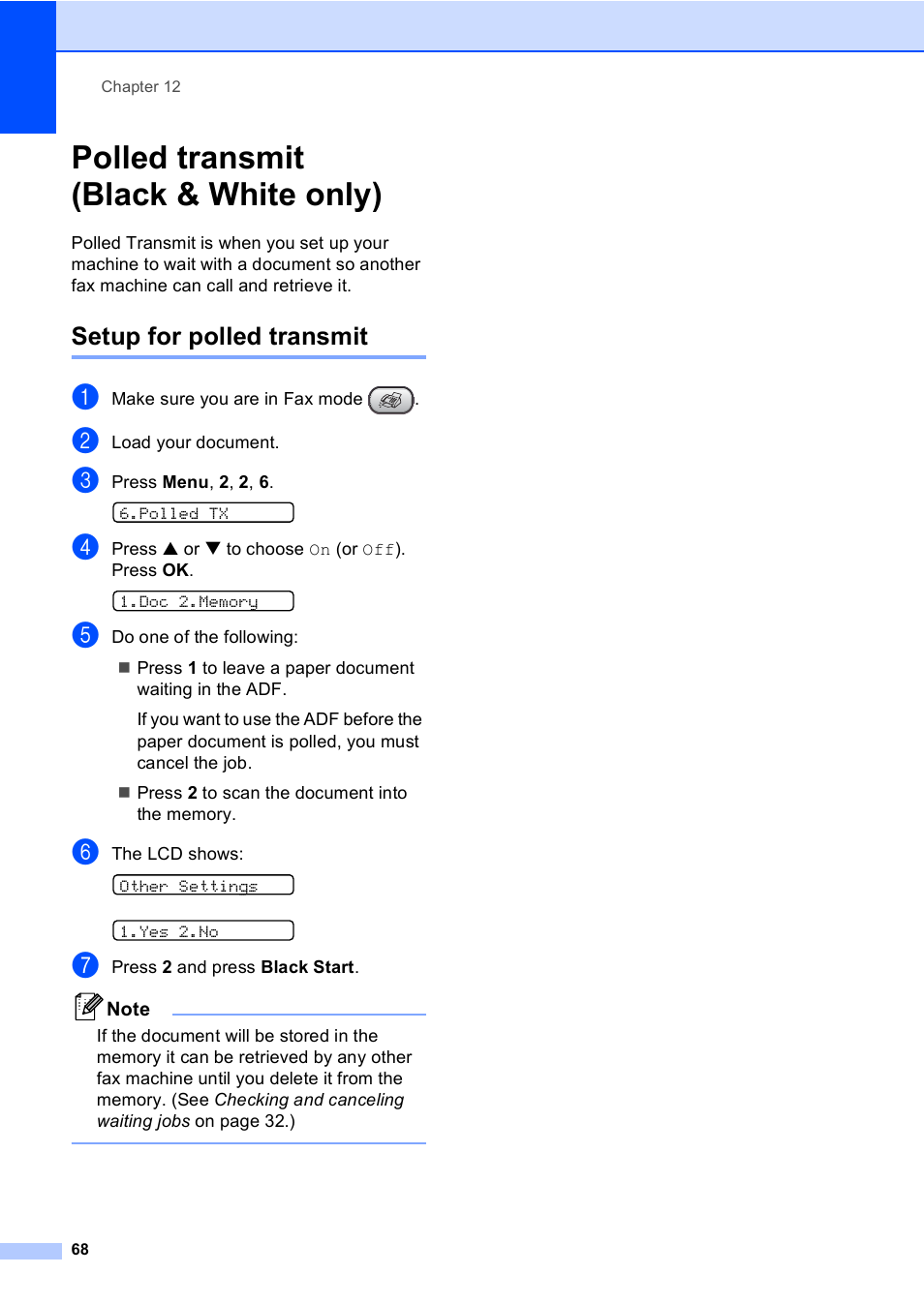 Polled transmit (black & white only), Setup for polled transmit | Brother FAX-1960C User Manual | Page 84 / 156