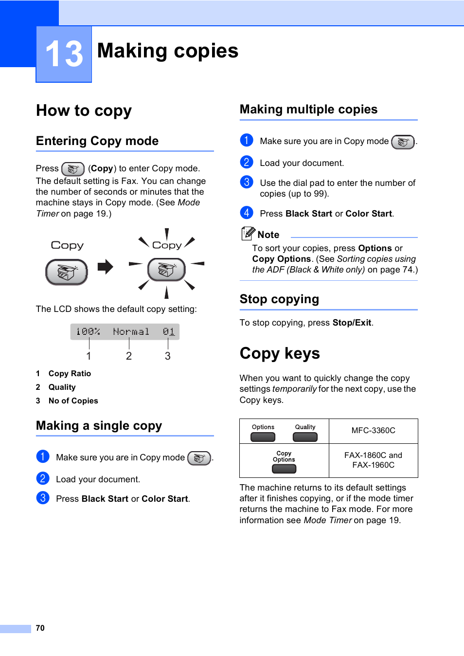 13 making copies, How to copy, Entering copy mode | Making a single copy, Making multiple copies, Stop copying, Copy keys, Making copies | Brother FAX-1960C User Manual | Page 86 / 156