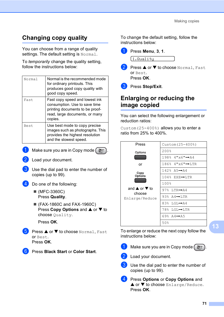 Changing copy quality, Enlarging or reducing the image copied, 13 changing copy quality | Brother FAX-1960C User Manual | Page 87 / 156