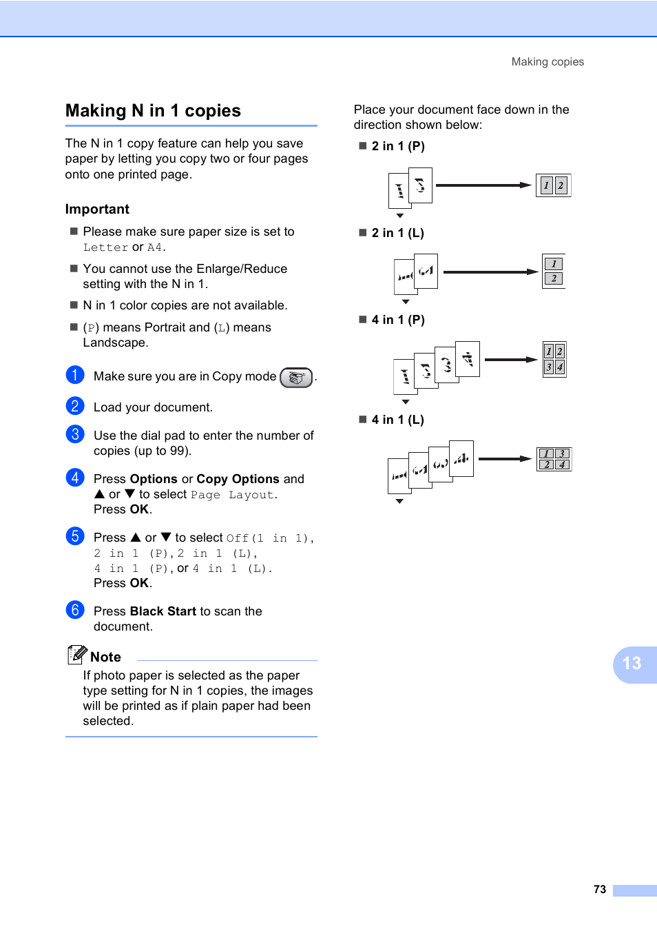 Making n in 1 copies, Important, 13 making n in 1 copies | Brother FAX-1960C User Manual | Page 89 / 156