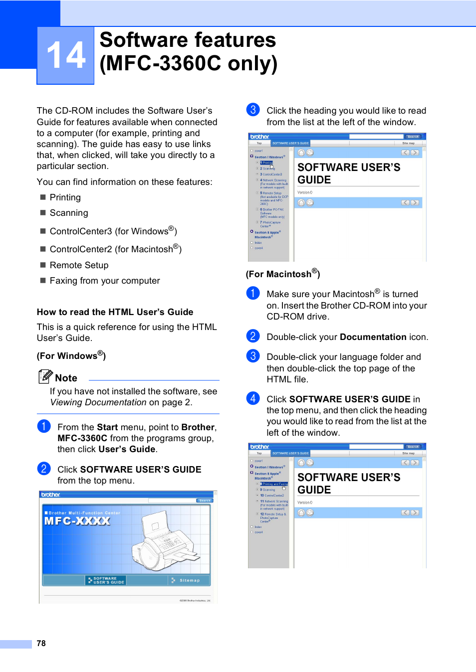 14 software features (mfc-3360c only), How to read the html user’s guide, Software features (mfc-3360c only) | Brother FAX-1960C User Manual | Page 94 / 156