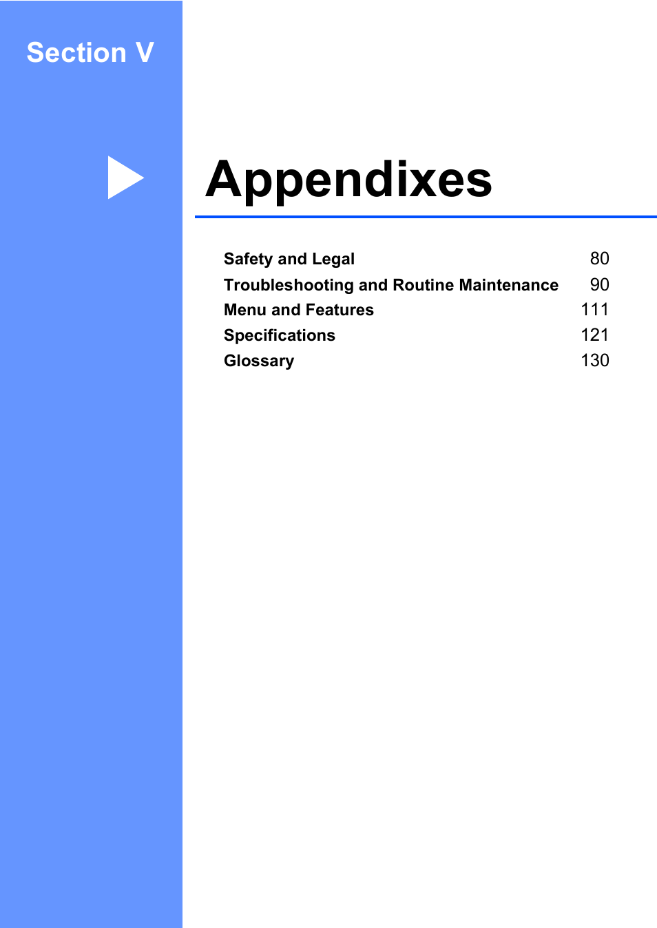 Section v: appendixes, Section v appendixes, Appendixes | Brother FAX-1960C User Manual | Page 95 / 156