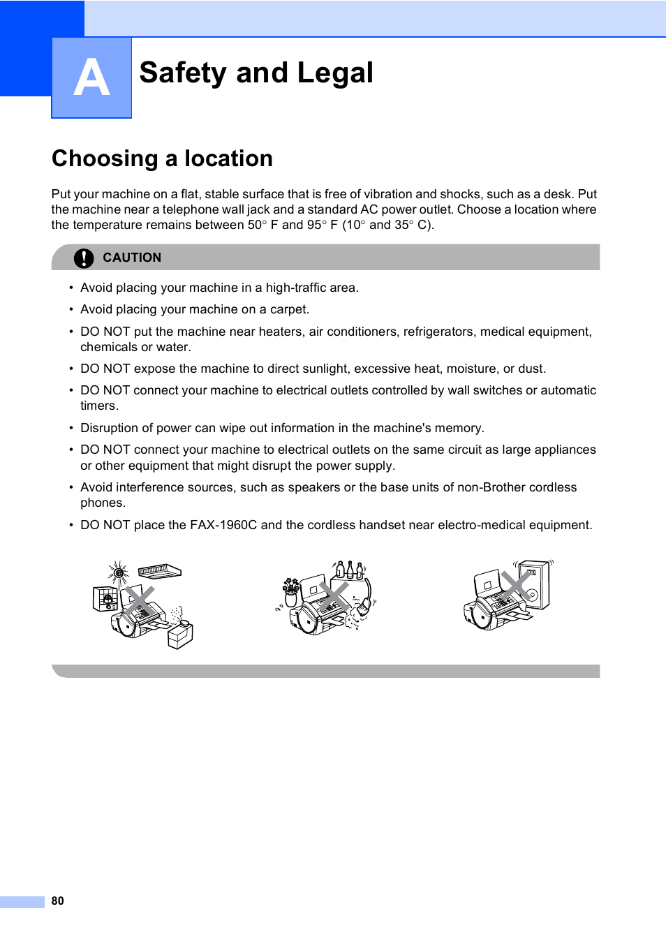 A safety and legal, Choosing a location, Safety and legal | Brother FAX-1960C User Manual | Page 96 / 156
