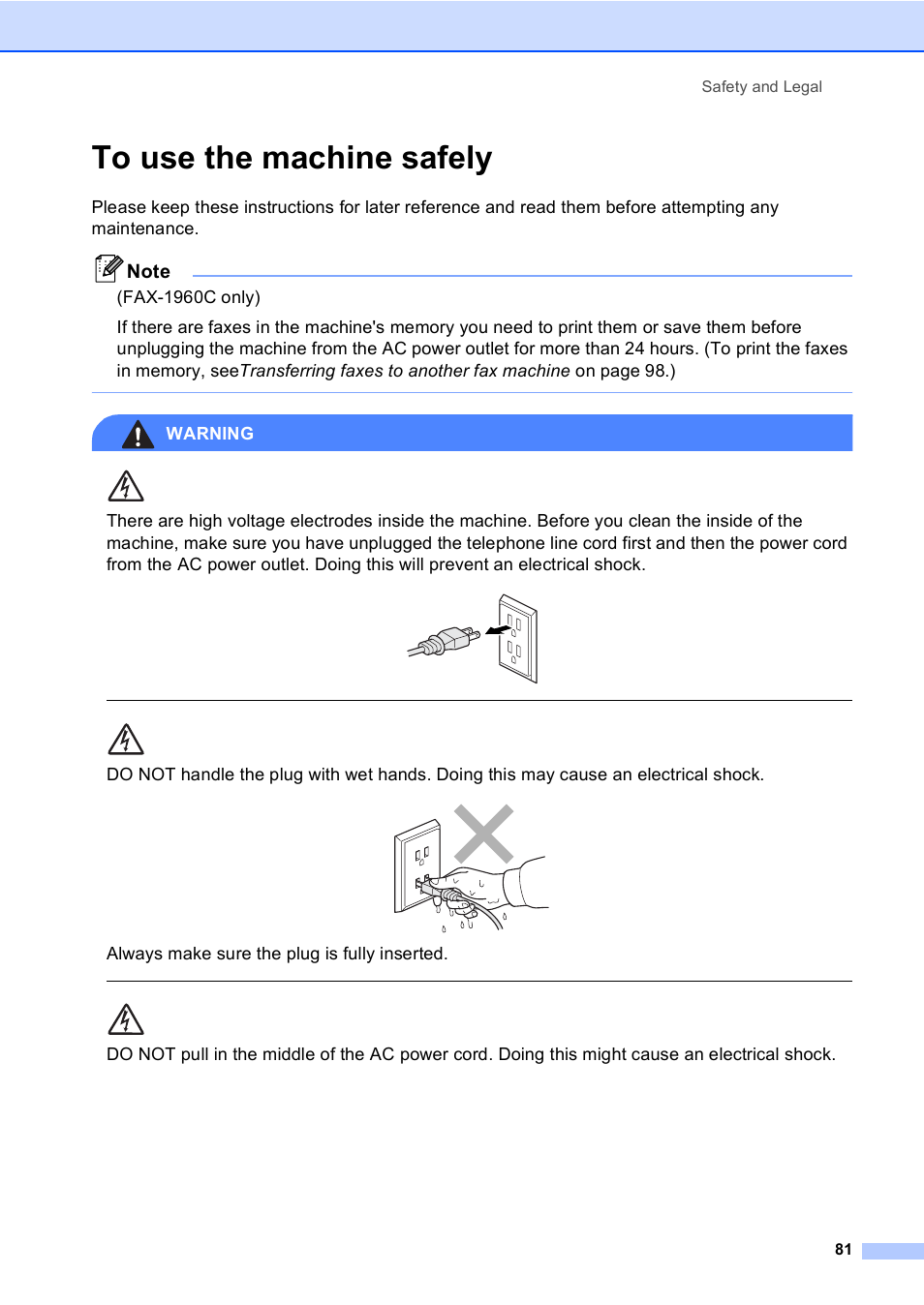 To use the machine safely, Warning, Always make sure the plug is fully inserted | Safety and legal 81 | Brother FAX-1960C User Manual | Page 97 / 156