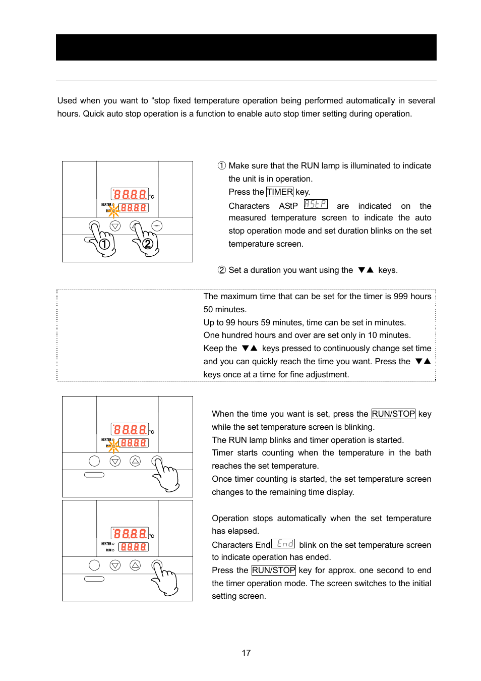 Operating procedures, Operating procedures (quick auto stop operation), Procedures for quick auto stop operation | About the timer function | Yamato Scientific DX602 Constant Temperature Drying Oven User Manual | Page 19 / 40