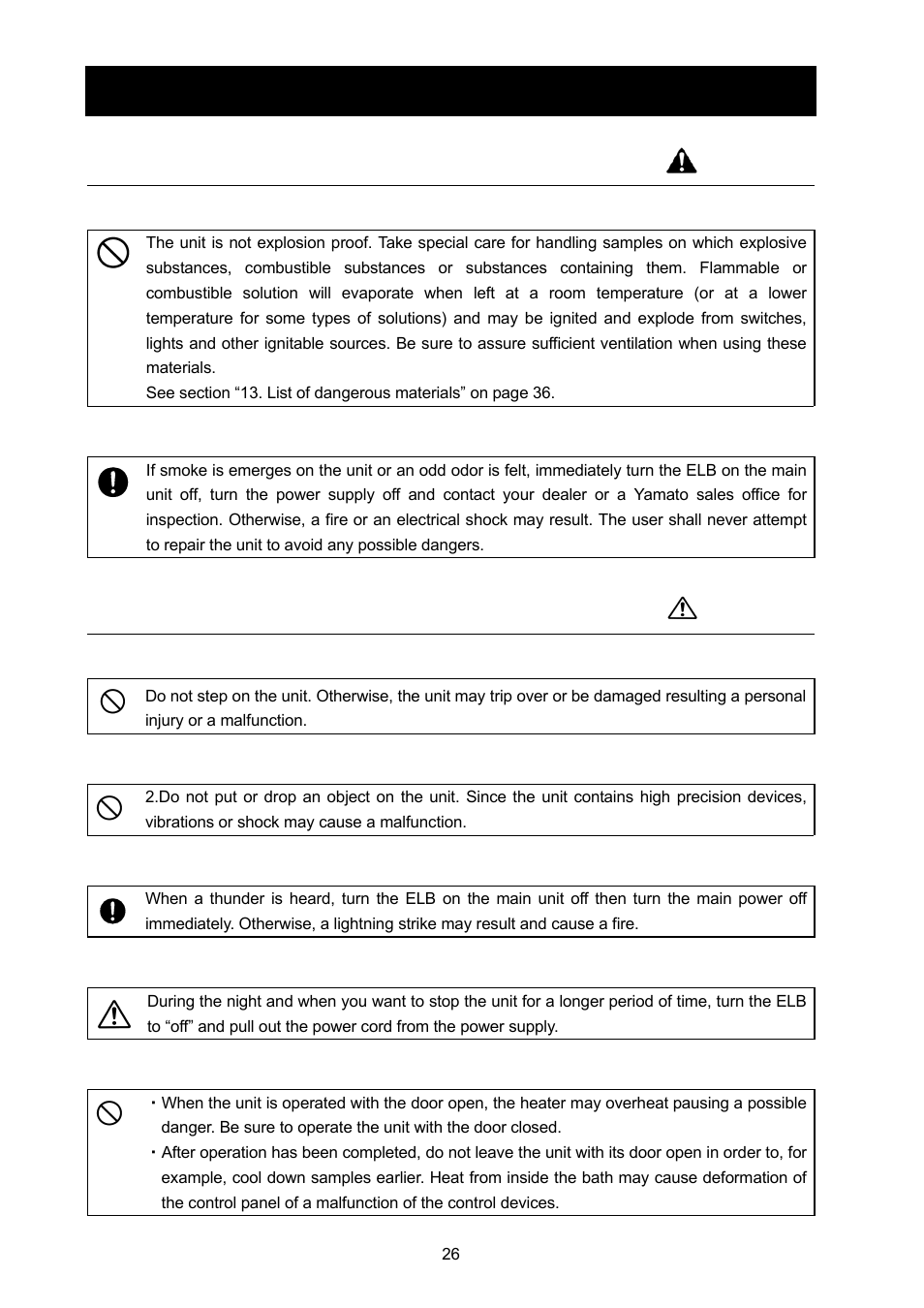 Cautions on handling, Warning, Caution | Yamato Scientific DX602 Constant Temperature Drying Oven User Manual | Page 28 / 40