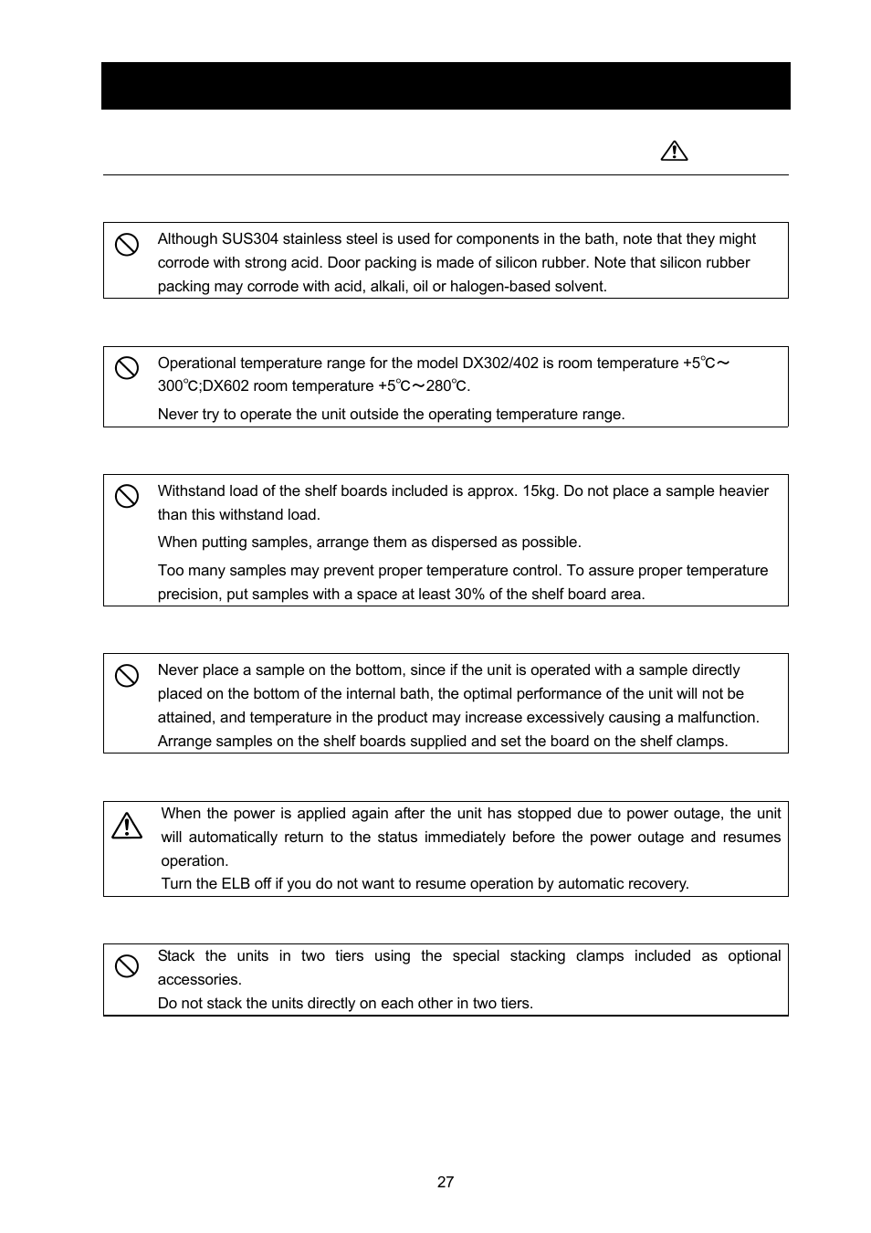 Cautions on handling, Caution | Yamato Scientific DX602 Constant Temperature Drying Oven User Manual | Page 29 / 40