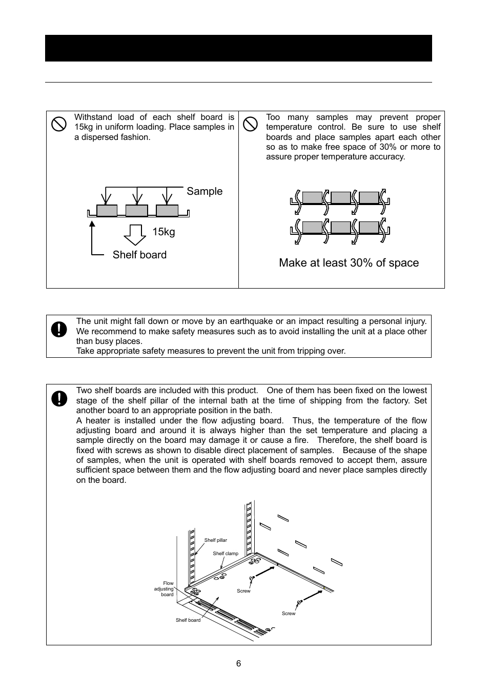 Before operating the unit, Make at least 30% of space, Shelf board | Sample 15kg | Yamato Scientific DX602 Constant Temperature Drying Oven User Manual | Page 8 / 40