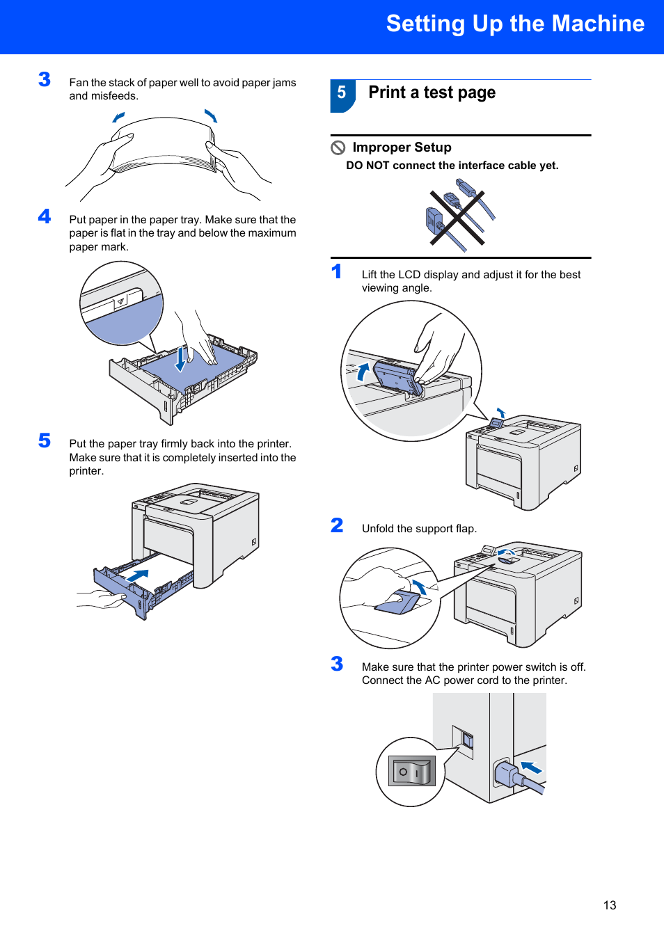Setting up the machine, 5print a test page, Improper setup | Brother HL-4070CDW User Manual | Page 15 / 58