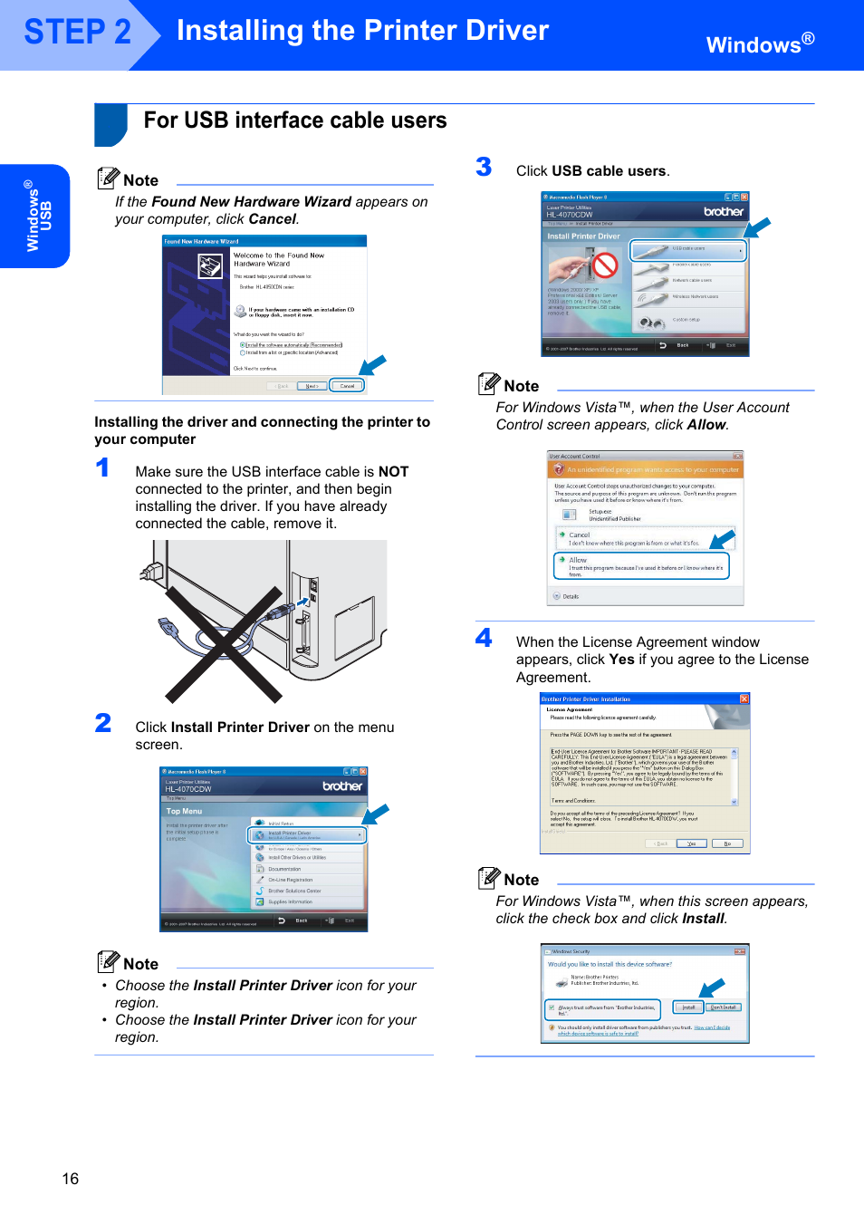 Installing the printer driver, Windows, For usb interface cable users | Step 2— installing the printer driver, Step 2 | Brother HL-4070CDW User Manual | Page 18 / 58