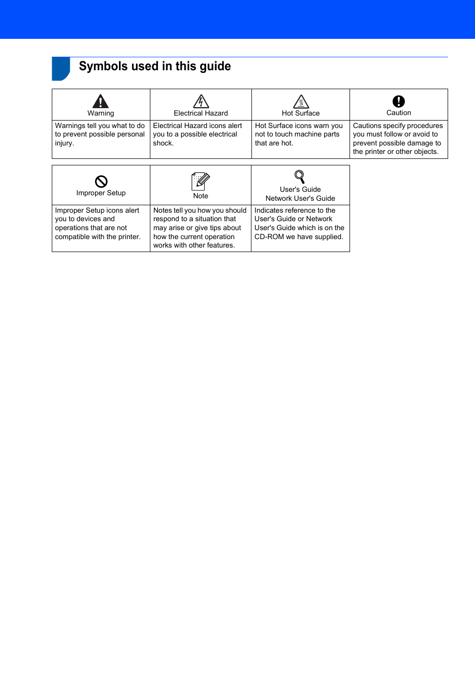 Symbols used in this guide, Warning, Electrical hazard | Hot surface, Improper setup | Brother HL-4070CDW User Manual | Page 2 / 58