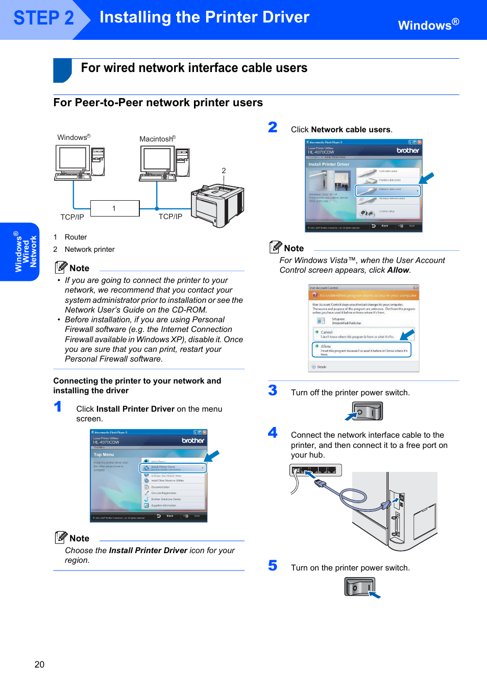 For wired network interface cable users, For peer-to-peer network printer users, Step 2 | Installing the printer driver, Windows | Brother HL-4070CDW User Manual | Page 22 / 58