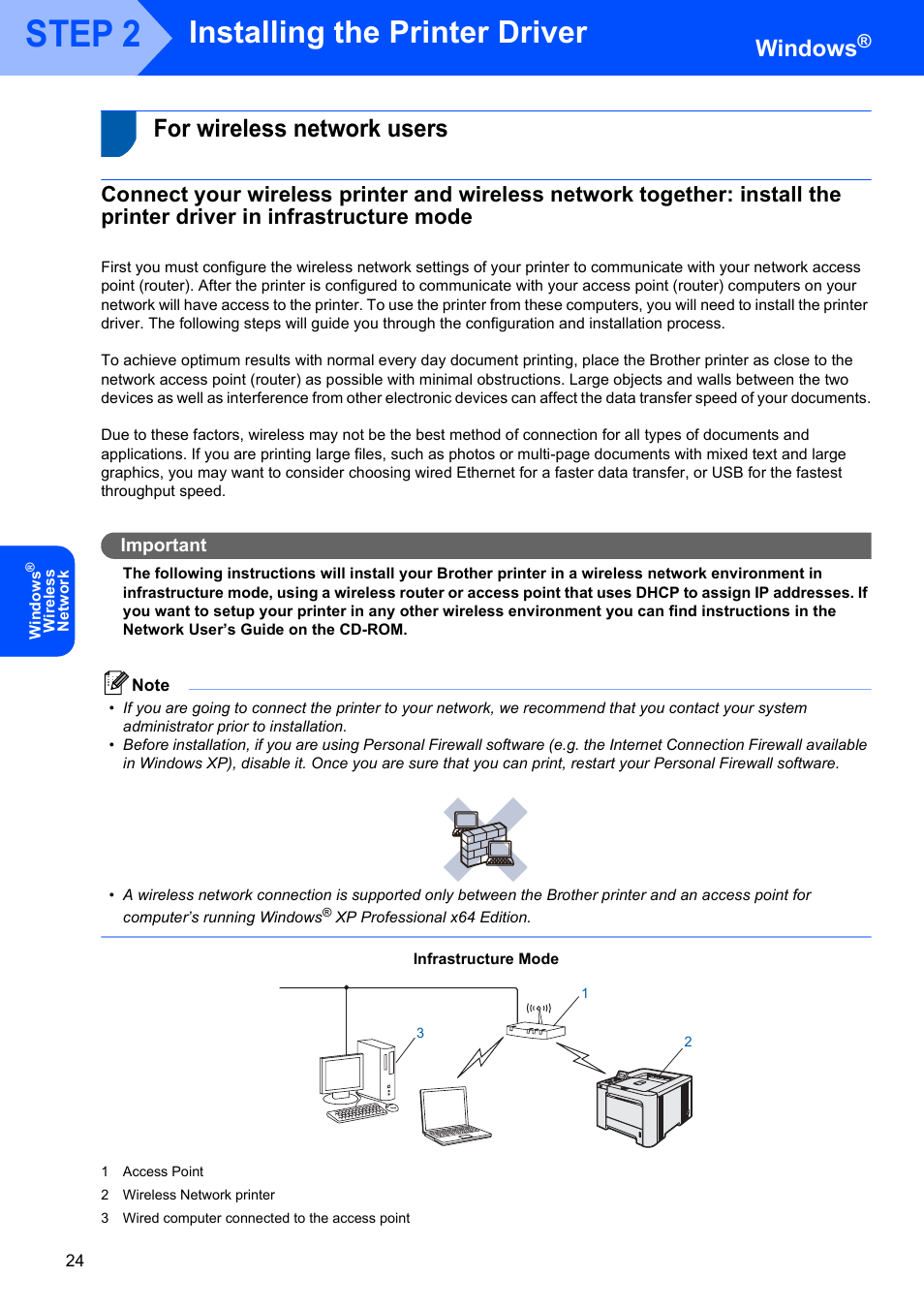 For wireless network users, Step 2, Installing the printer driver | Windows, Important | Brother HL-4070CDW User Manual | Page 26 / 58