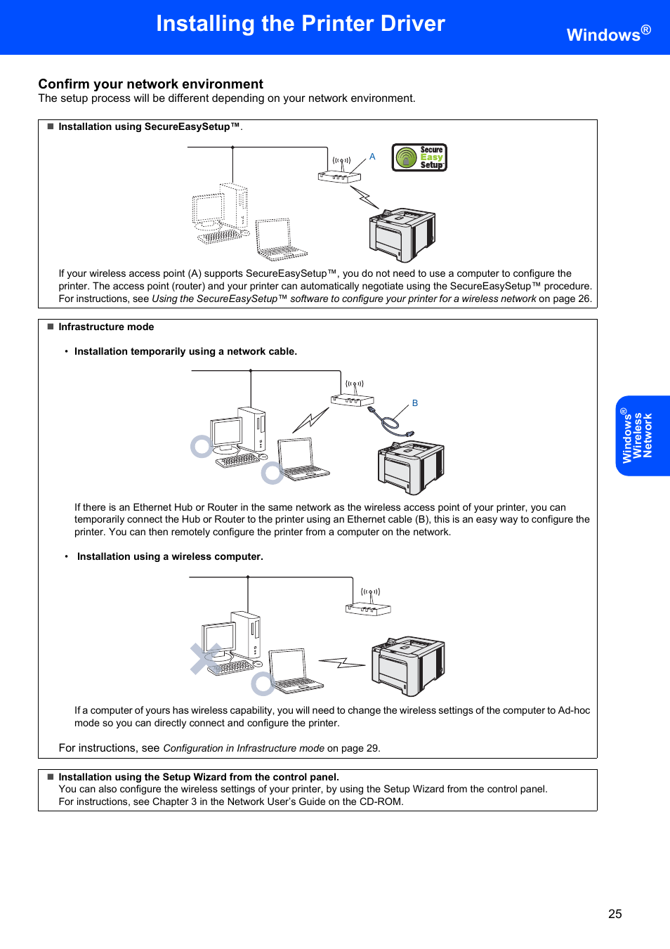 Installing the printer driver, Windows, Confirm your network environment | Brother HL-4070CDW User Manual | Page 27 / 58