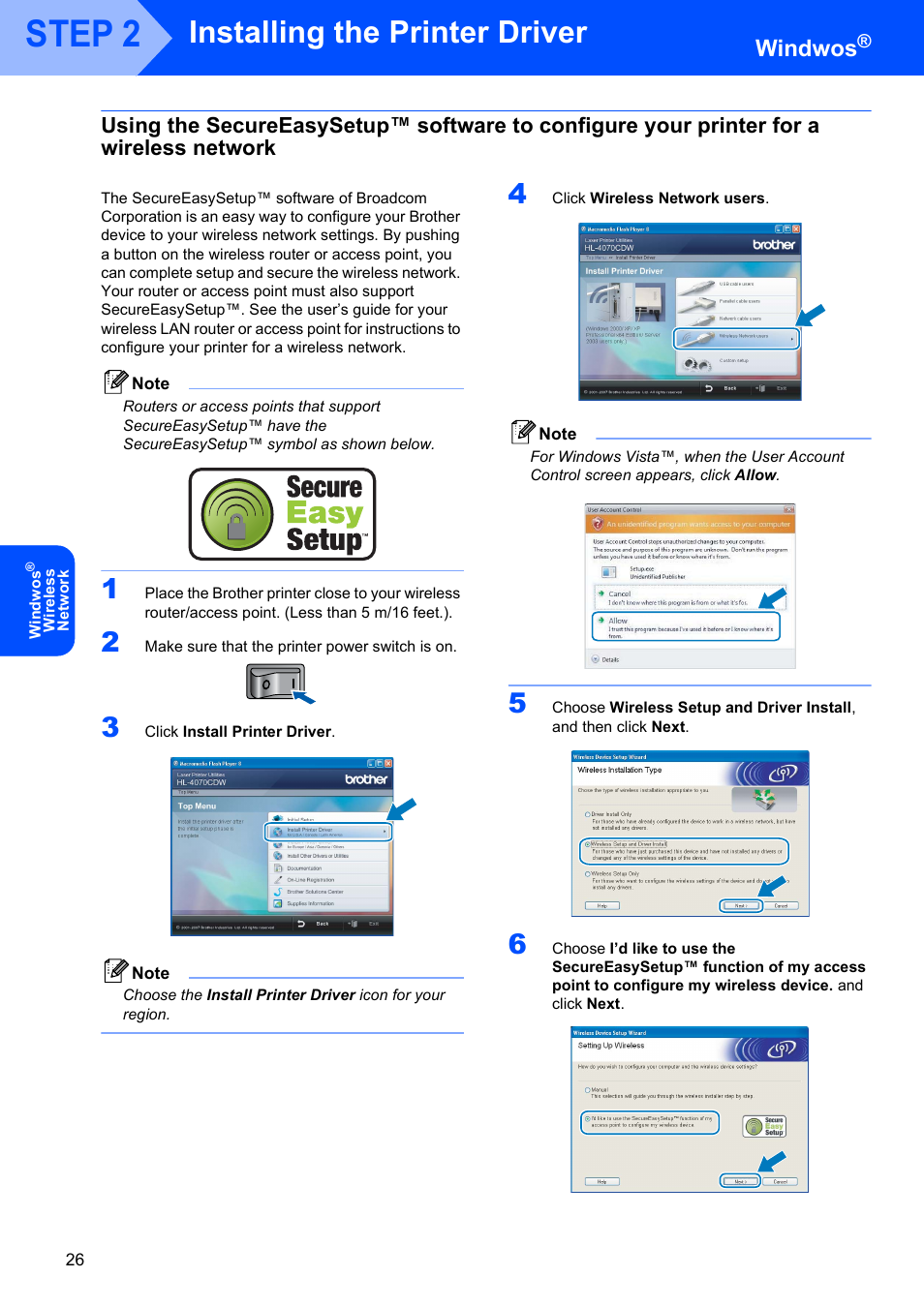 Step 2, Installing the printer driver, Windwos | Brother HL-4070CDW User Manual | Page 28 / 58