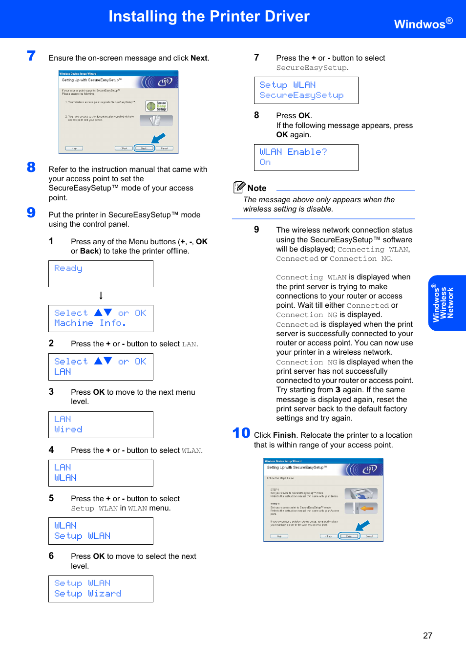 Installing the printer driver, Windwos, Ready | Select ab or ok machine info, Select ab or ok lan, Lan wired, Lan wlan, Wlan setup wlan, Setup wlan setup wizard, Setup wlan secureeasysetup | Brother HL-4070CDW User Manual | Page 29 / 58