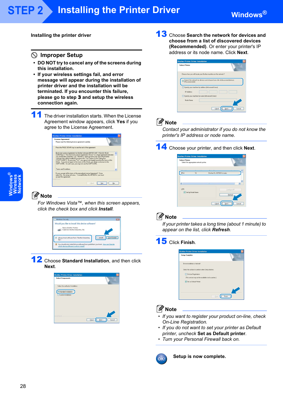 Step 2, Installing the printer driver, Windows | Improper setup | Brother HL-4070CDW User Manual | Page 30 / 58