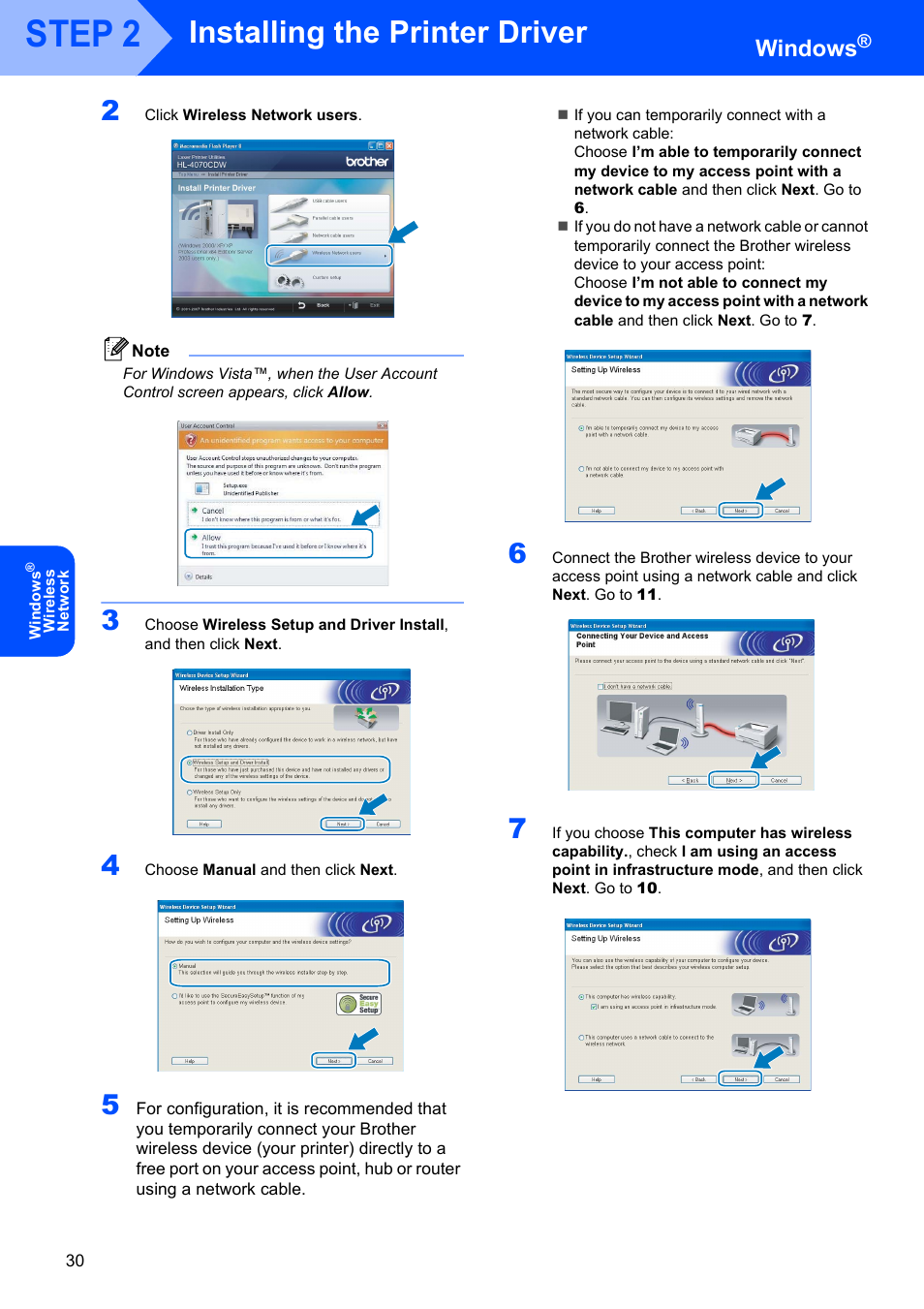 Step 2, Installing the printer driver, Windows | Brother HL-4070CDW User Manual | Page 32 / 58