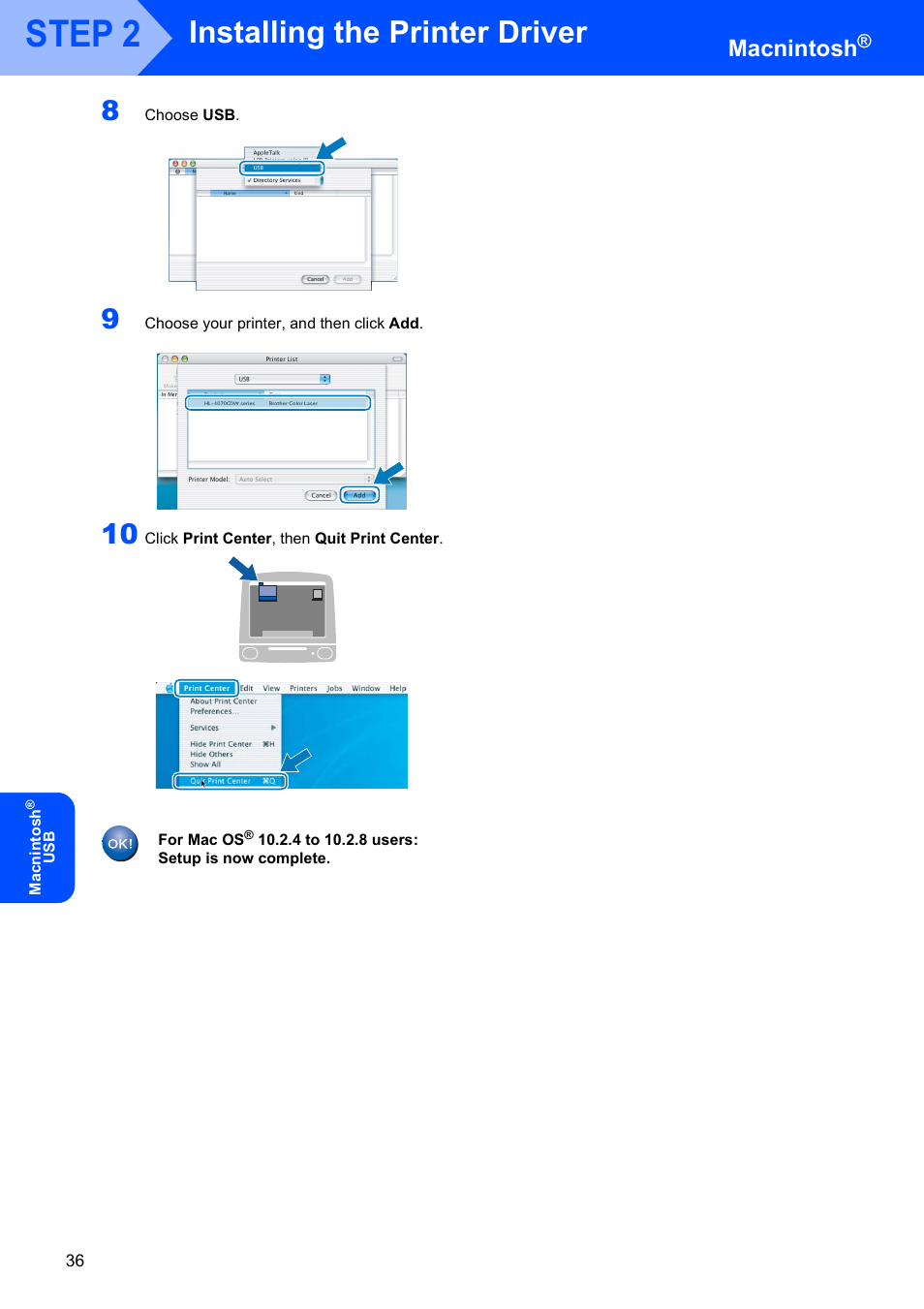 Step 2, Installing the printer driver, Macnintosh | Brother HL-4070CDW User Manual | Page 38 / 58