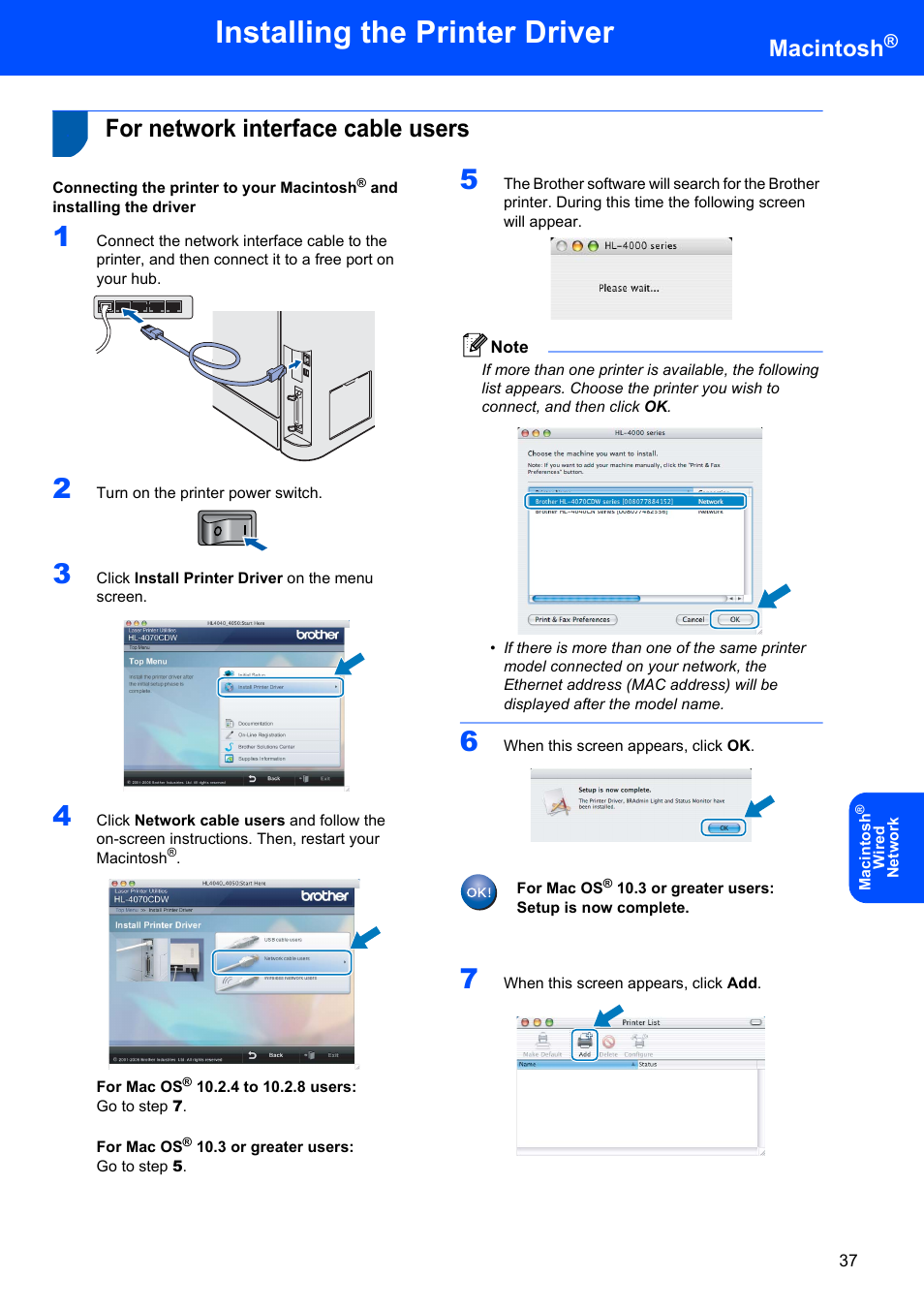 For network interface cable users, Installing the printer driver, Macintosh | Brother HL-4070CDW User Manual | Page 39 / 58