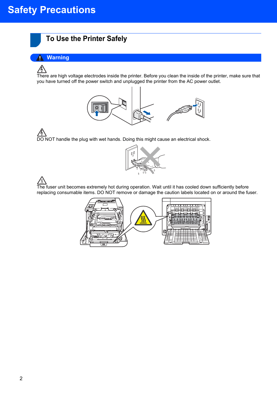 Safety precautions, To use the printer safely, Warning | Brother HL-4070CDW User Manual | Page 4 / 58