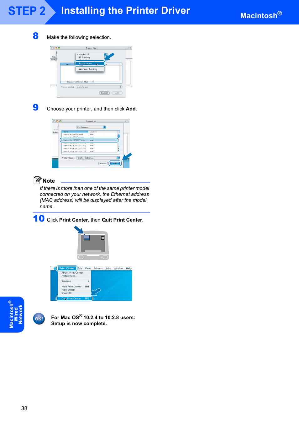 Step 2, Installing the printer driver, Macintosh | Brother HL-4070CDW User Manual | Page 40 / 58