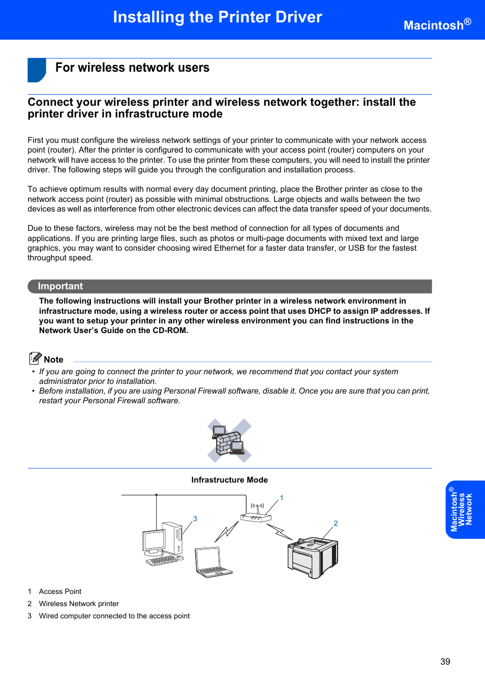 For wireless network users, Installing the printer driver, Macintosh | Important | Brother HL-4070CDW User Manual | Page 41 / 58