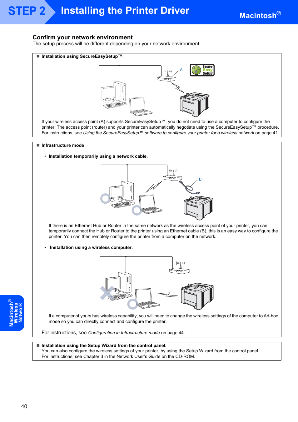 Step 2, Installing the printer driver, Macintosh | Confirm your network environment | Brother HL-4070CDW User Manual | Page 42 / 58