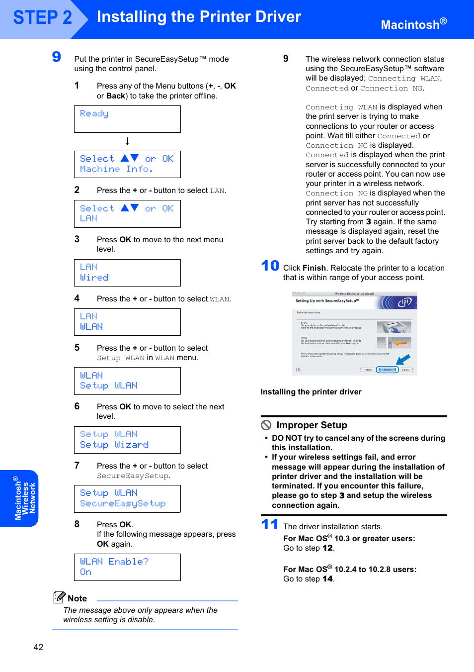 Step 2, Installing the printer driver, Macintosh | Ready, Select ab or ok machine info, Select ab or ok lan, Lan wired, Lan wlan, Wlan setup wlan, Setup wlan setup wizard | Brother HL-4070CDW User Manual | Page 44 / 58