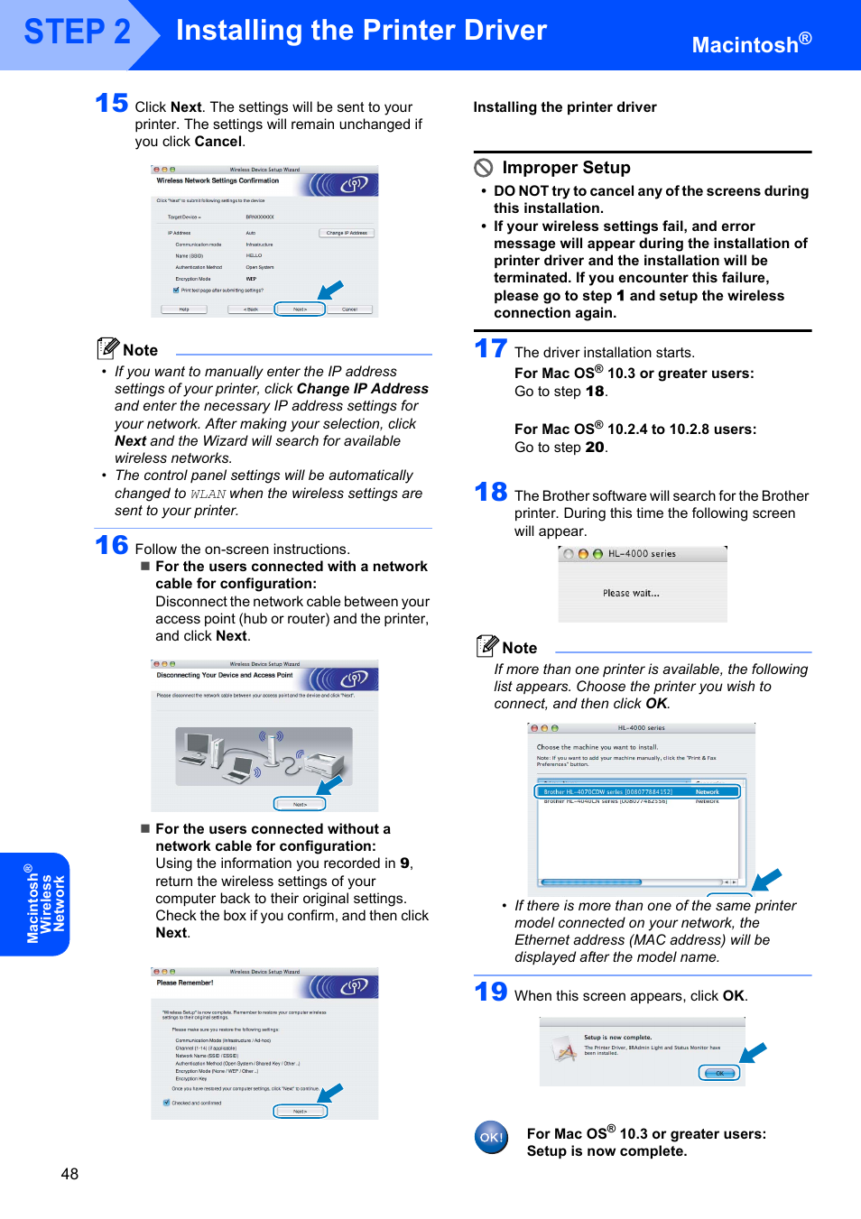 Step 2, Installing the printer driver, Macintosh | Improper setup | Brother HL-4070CDW User Manual | Page 50 / 58
