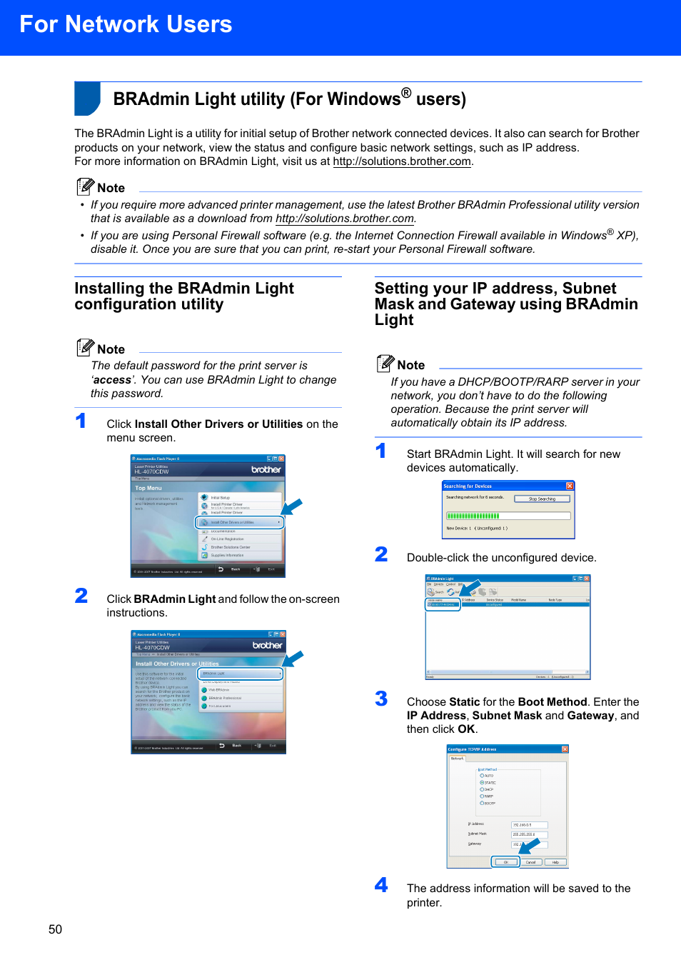 For network users, Bradmin light utility (for windows® users), Installing the bradmin light configuration utility | Bradmin light utility (for windows, Users) | Brother HL-4070CDW User Manual | Page 52 / 58