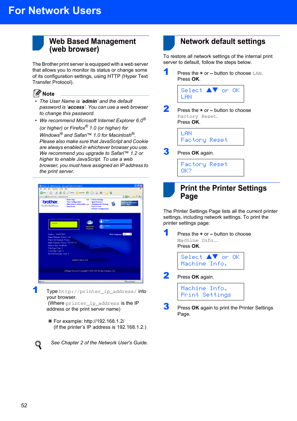 Web based management (web browser), Network default settings, For network users | Print the printer settings page, Select ab or ok lan, Lan factory reset, Factory reset ok, Select ab or ok machine info, Machine info. print settings | Brother HL-4070CDW User Manual | Page 54 / 58