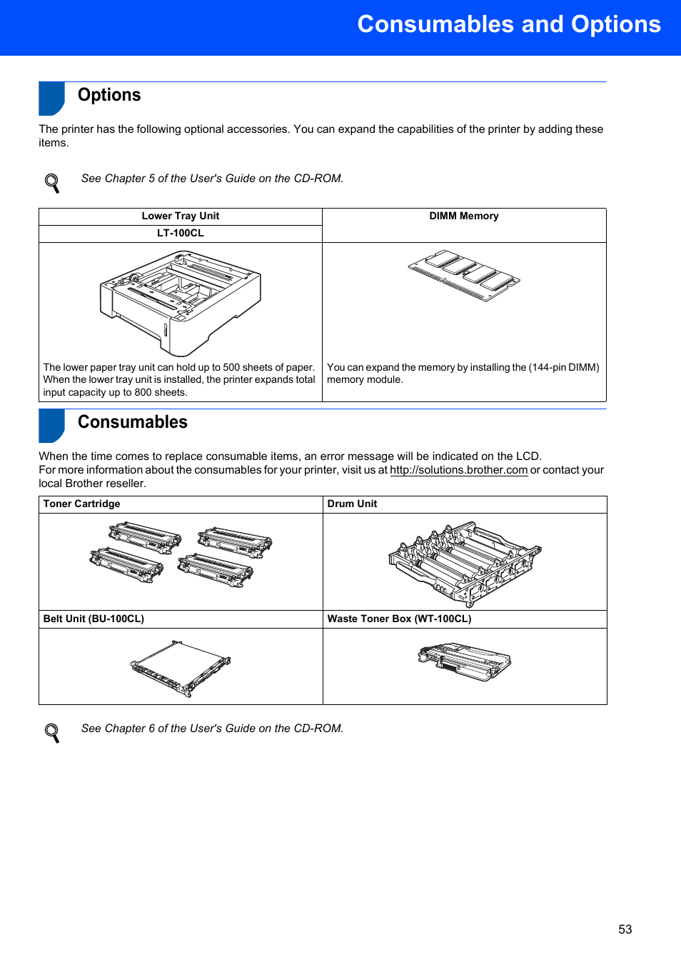 Consumables and options, Options, Consumables | Options consumables, See chapter 5 of the user's guide on the cd-rom, See chapter 6 of the user's guide on the cd-rom | Brother HL-4070CDW User Manual | Page 55 / 58