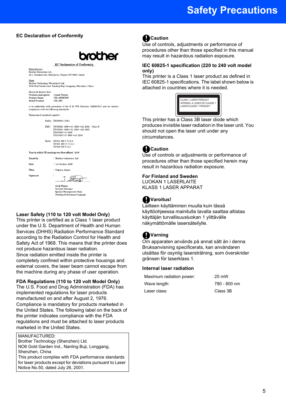 Safety precautions | Brother HL-4070CDW User Manual | Page 7 / 58