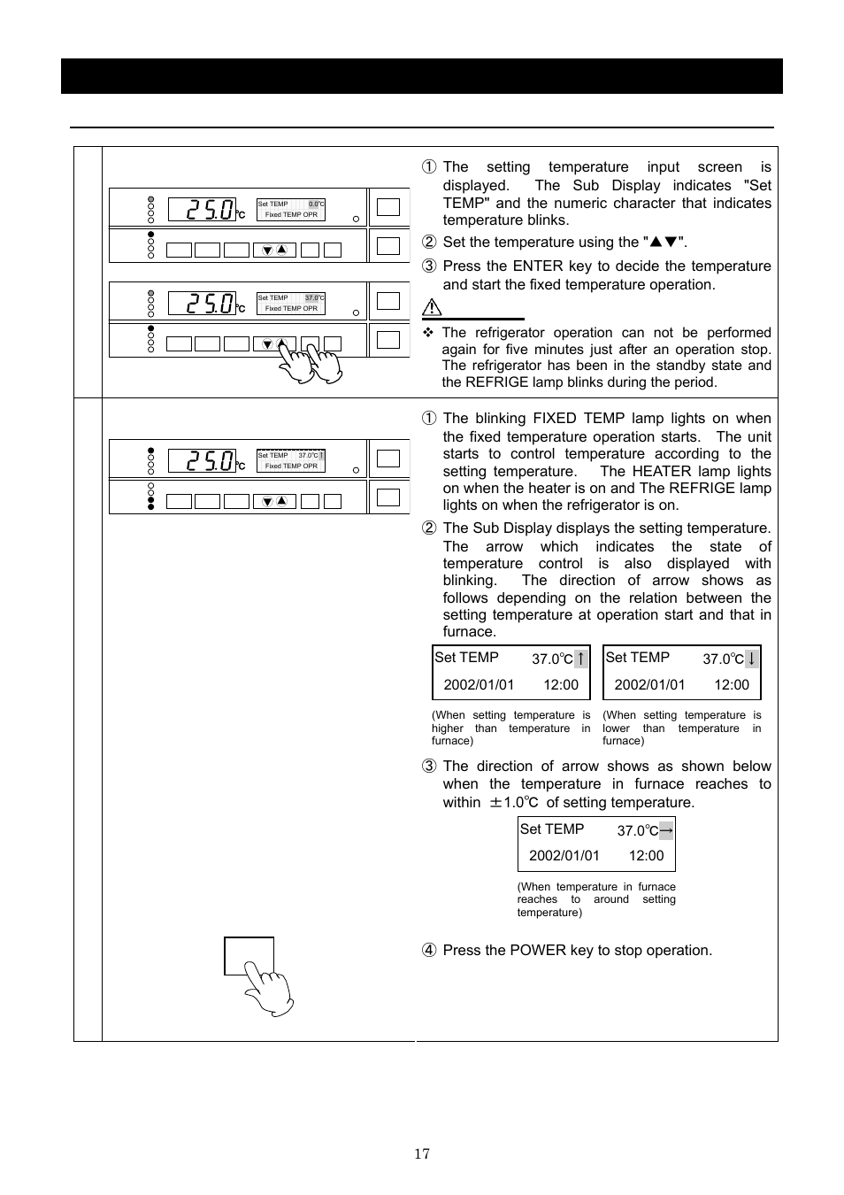 Operation method, Fixed temperature operation, Caution | Set temperature, Press the power key to stop operation | Yamato Scientific IN803 Low Temperature Incubators User Manual | Page 21 / 68