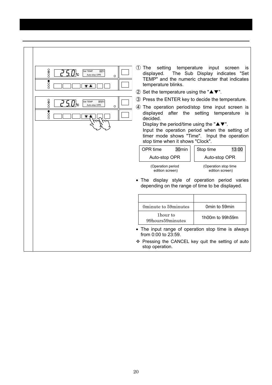 Operation method, Auto stop operation, Set temperature and operation period/stop time | Yamato Scientific IN803 Low Temperature Incubators User Manual | Page 24 / 68
