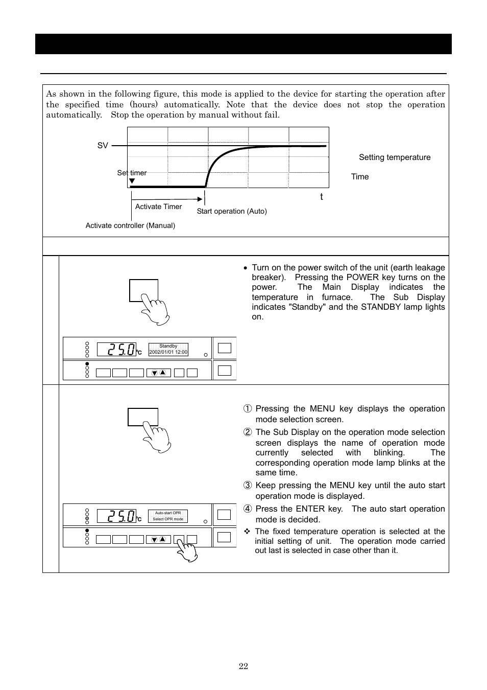 Operation method, Auto start operation, Setting of the auto start operation | Turn on the power, Select operation mode | Yamato Scientific IN803 Low Temperature Incubators User Manual | Page 26 / 68