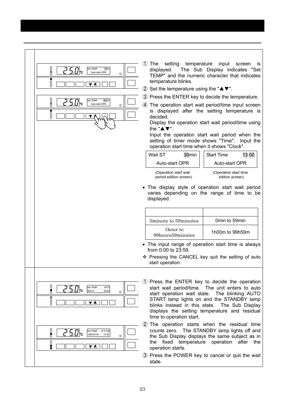 Operation method, Auto start operation, Set temperature and start wait period/time | Start operation | Yamato Scientific IN803 Low Temperature Incubators User Manual | Page 27 / 68