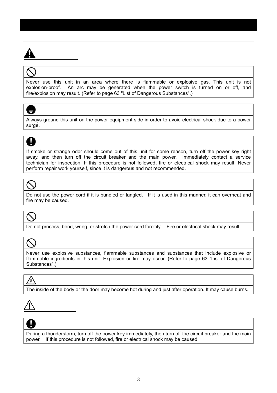 Cautions in using with safety, Warning, Caution | Fundamental matters of "warning!" and "caution | Yamato Scientific IN803 Low Temperature Incubators User Manual | Page 7 / 68