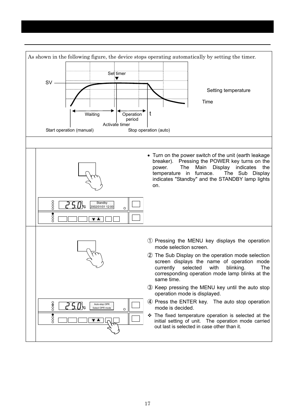 Operation method, Auto stop operation, Setting of the auto stop operation | Turn on the power, Select operation mode, Sv: setting temperature t: time | Yamato Scientific IN603W Low Temperature Incubators User Manual | Page 21 / 67