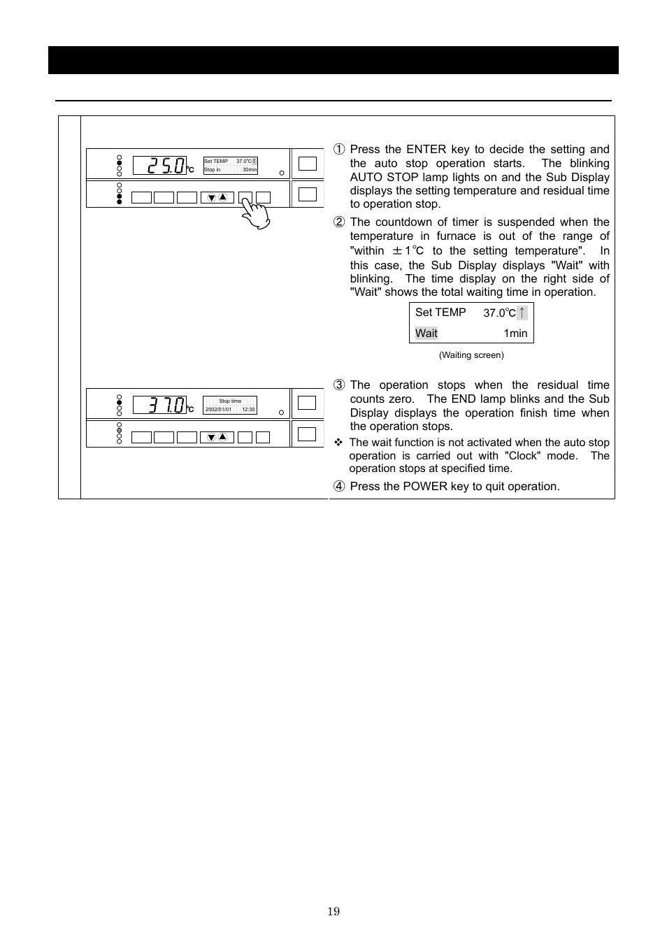 Operation method, Auto stop operation, Start operation | Yamato Scientific IN603W Low Temperature Incubators User Manual | Page 23 / 67