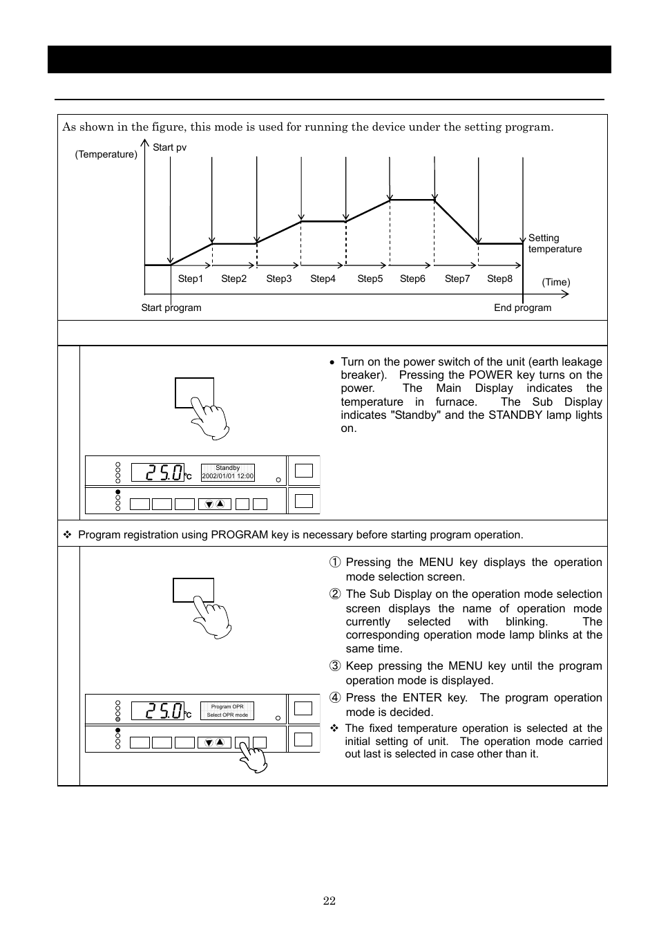 Operation method, Program operation, Setting of the program operation | Turn on the power, Select operation mode | Yamato Scientific IN603W Low Temperature Incubators User Manual | Page 26 / 67