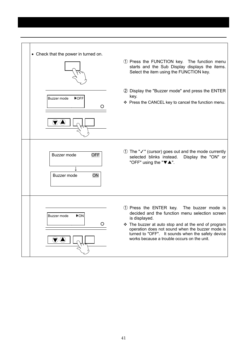 Operation method, Set the buzzer mode | Yamato Scientific IN603W Low Temperature Incubators User Manual | Page 45 / 67