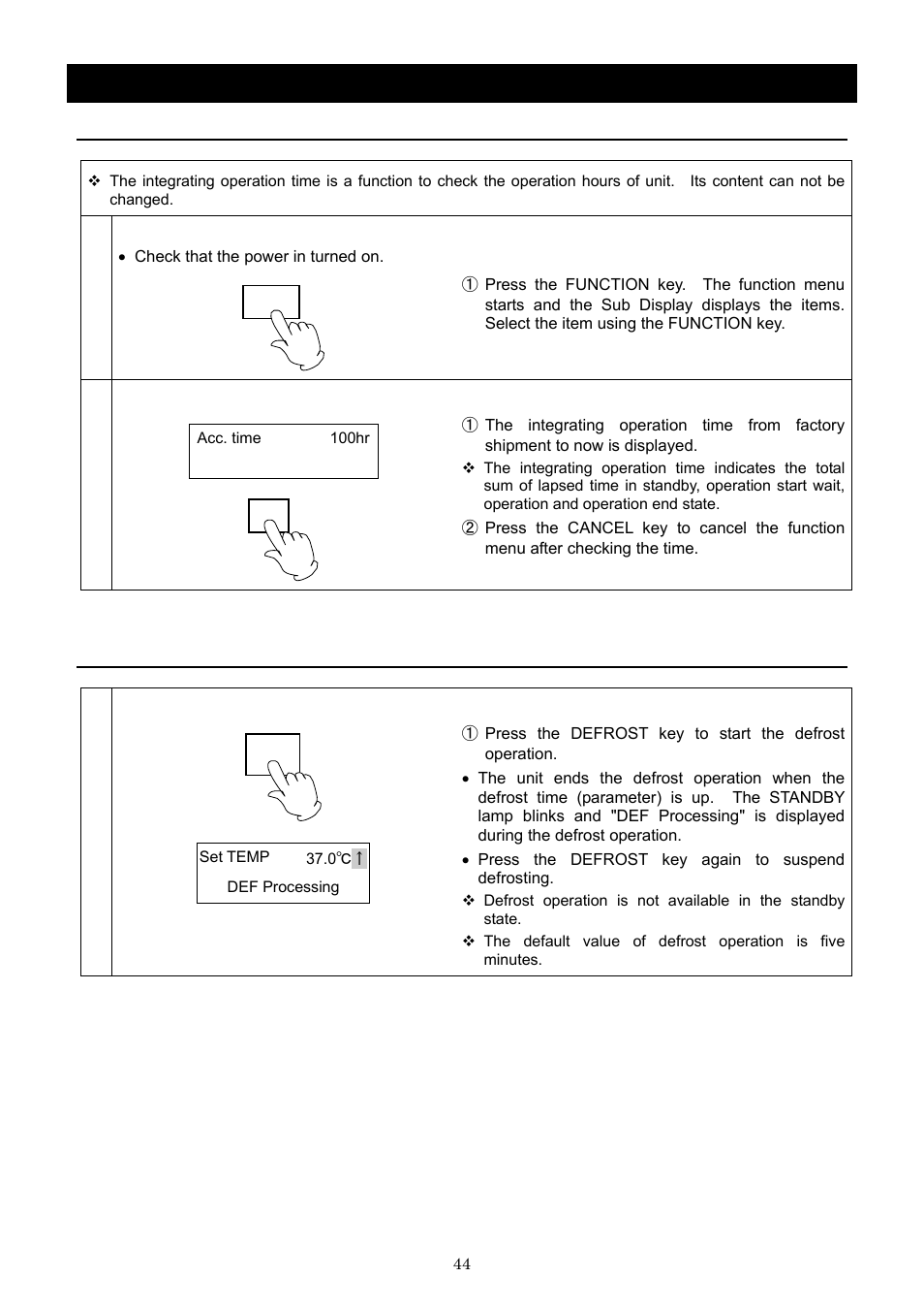 Operation method, Integrating operation time, Manual defrost operation | Yamato Scientific IN603W Low Temperature Incubators User Manual | Page 48 / 67