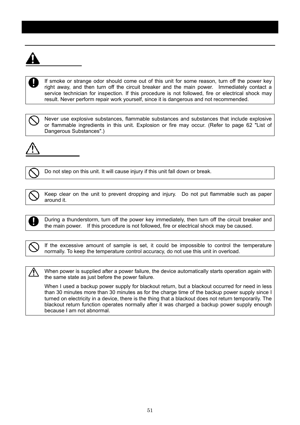 Handling precautions, Warning, Caution | Yamato Scientific IN603W Low Temperature Incubators User Manual | Page 55 / 67